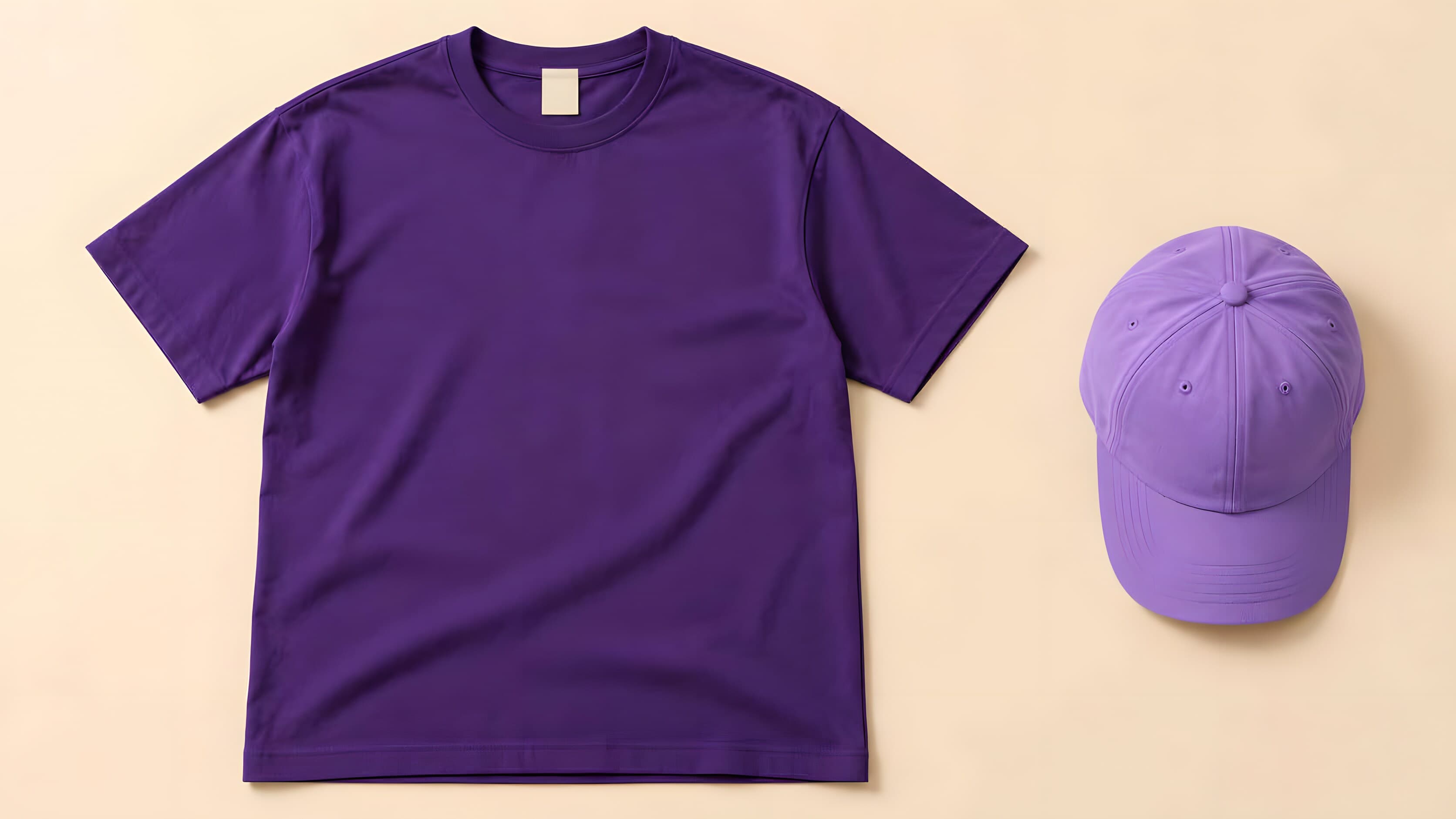 Concept purple t-shirt and cap on a cream background