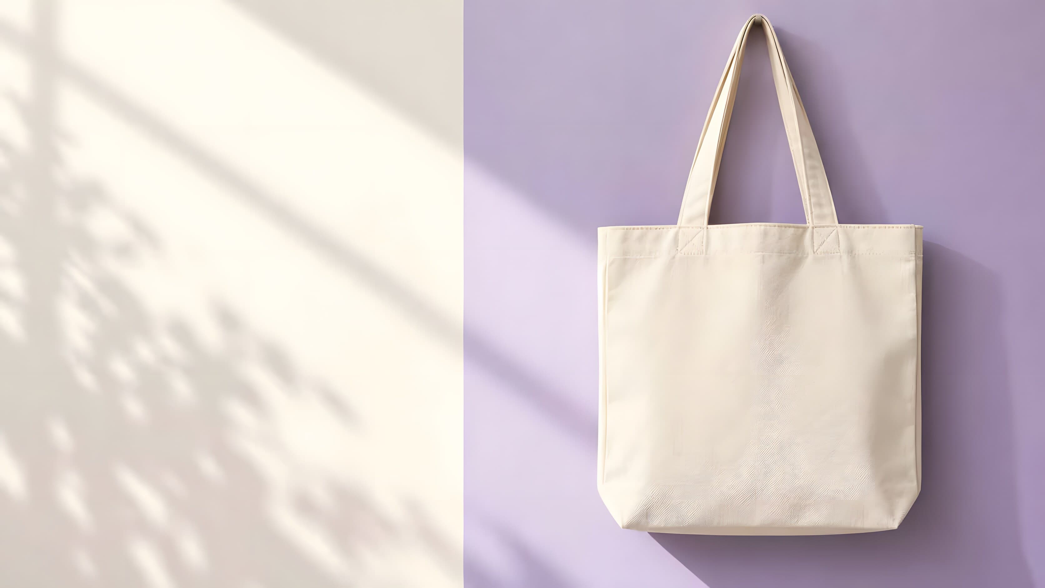 Concept natural canvas tote bag against a lilac wall