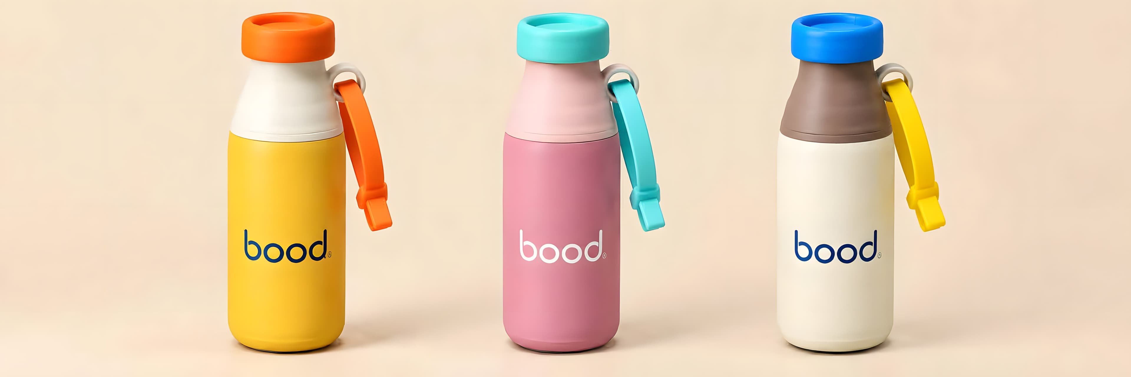 bood bottle in yellow with an orange cap and carry strap