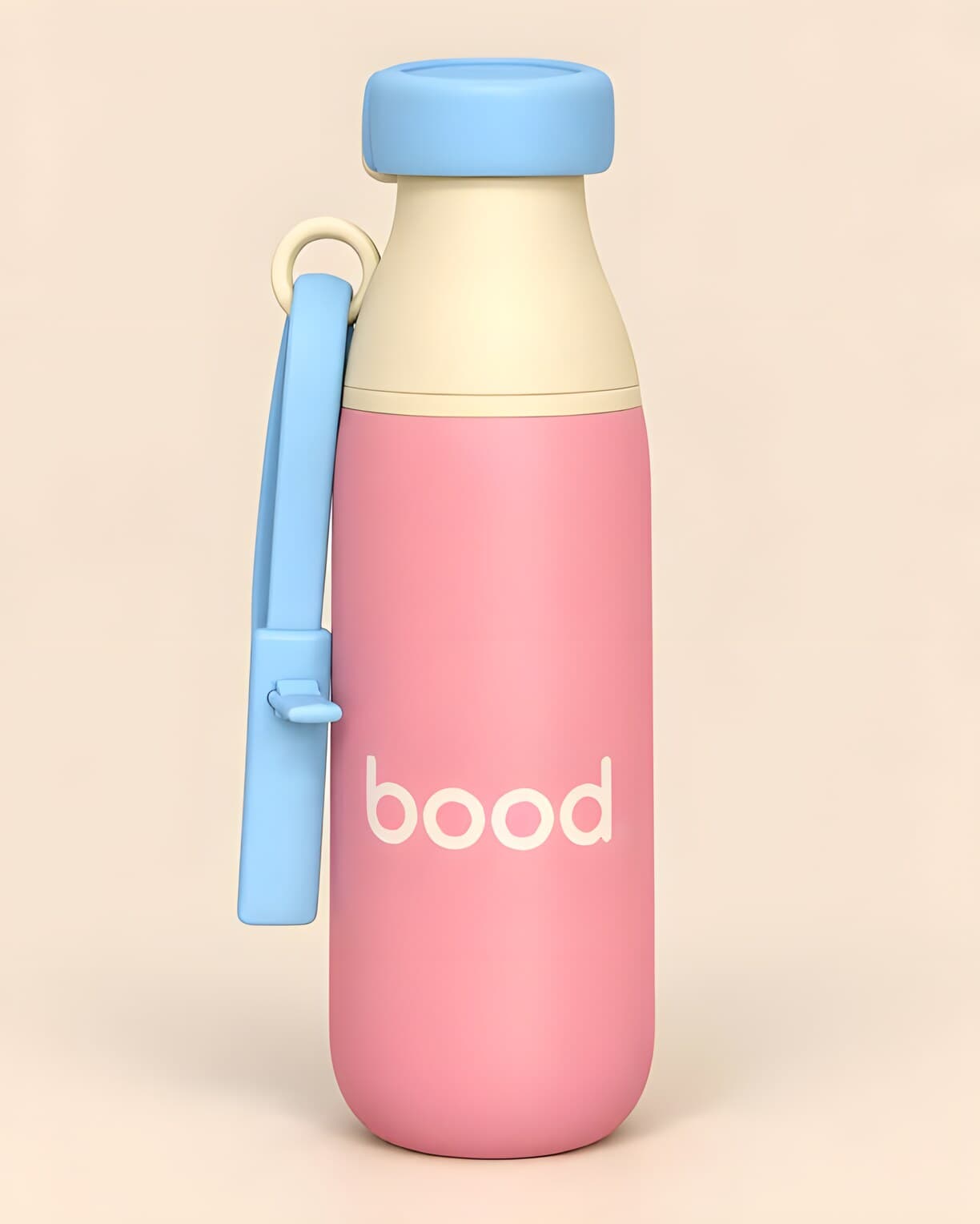 Close-up of a bood bottle showing the rounded cap, carry strap and two-tone body